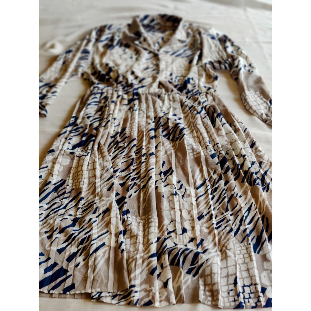 Vintage Schrader Sport Abstract Print Pleated Midi Dress Navy Tan Size 12 80s - Picture 2 of 5